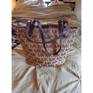 Michael Kors Tote Bag Khaki Sliver Metal "MK" Monogram Print